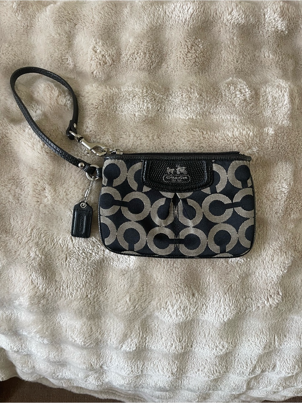 Coach Black and Taupe Signature C Wristlet with Coach Tag